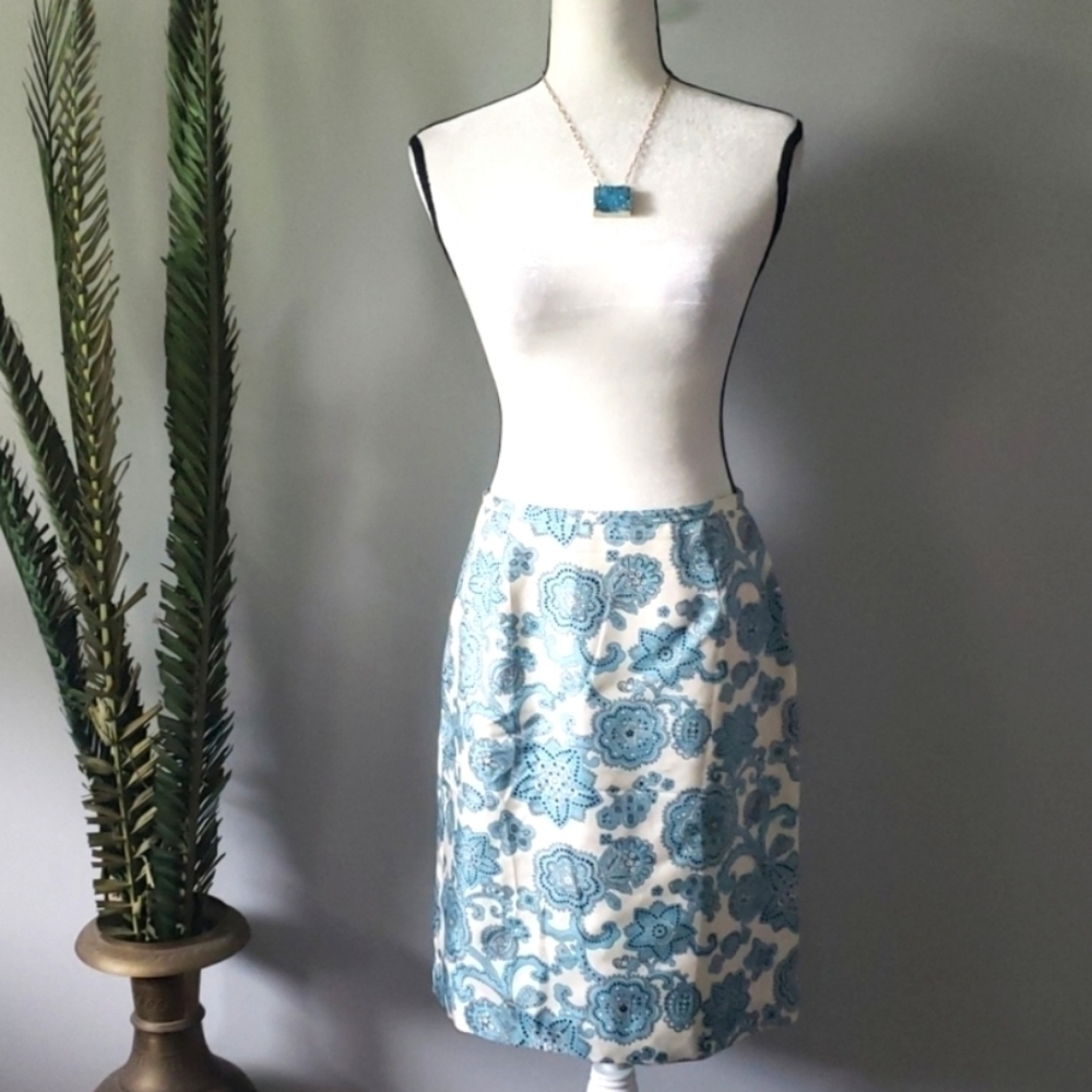 Ann Taylor cream & turquoise print silk skirt